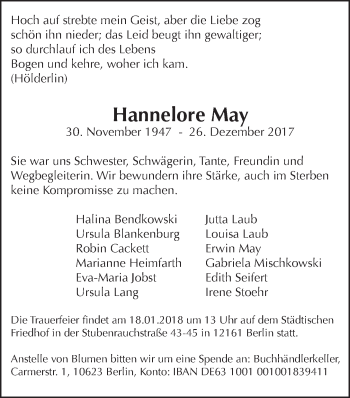 Traueranzeige von Hannelore May von Tagesspiegel