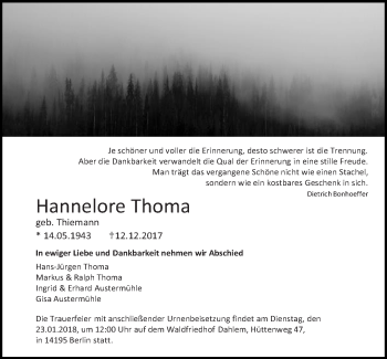 Traueranzeige von Hannelore Thoma von Tagesspiegel