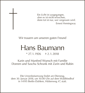 Traueranzeige von Hans Baumann von Tagesspiegel