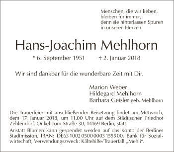 Traueranzeige von Hans-Joachim Mehlhorn von Tagesspiegel