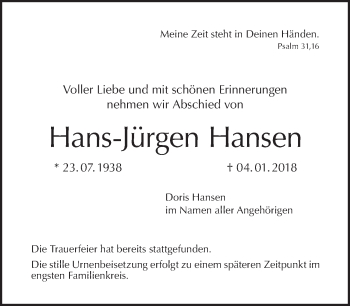 Traueranzeige von Hans-Jürgen Hansen von Tagesspiegel