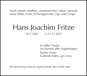 Traueranzeige von Hans Joachim Fritze von Tagesspiegel