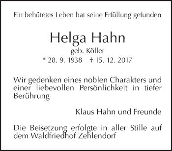 Traueranzeige von Helga Hahn von Tagesspiegel