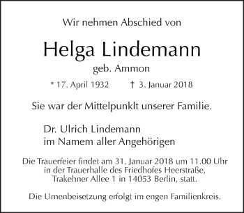 Traueranzeige von Helga Lindemann von Tagesspiegel