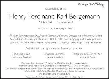 Traueranzeige von Henry Ferdinand Karl Bergemann von Tagesspiegel