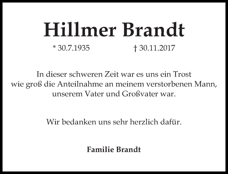  Traueranzeige für Hillmer Brandt vom 21.01.2018 aus Tagesspiegel