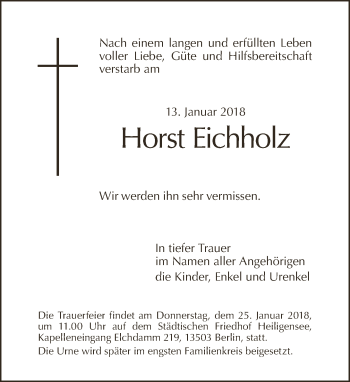 Traueranzeige von Horst Eichholz von Tagesspiegel