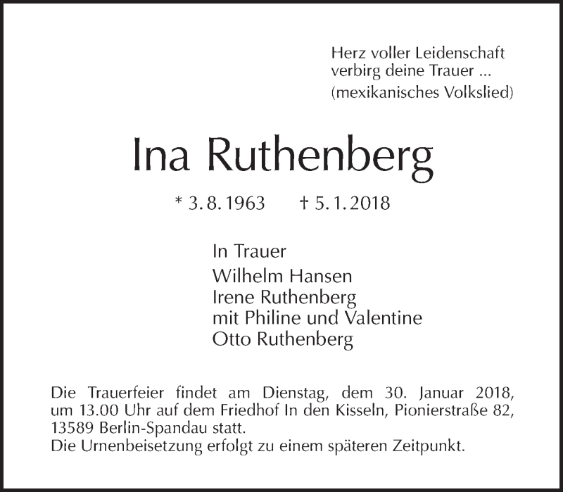  Traueranzeige für Ina Ruthenberg vom 14.01.2018 aus Tagesspiegel