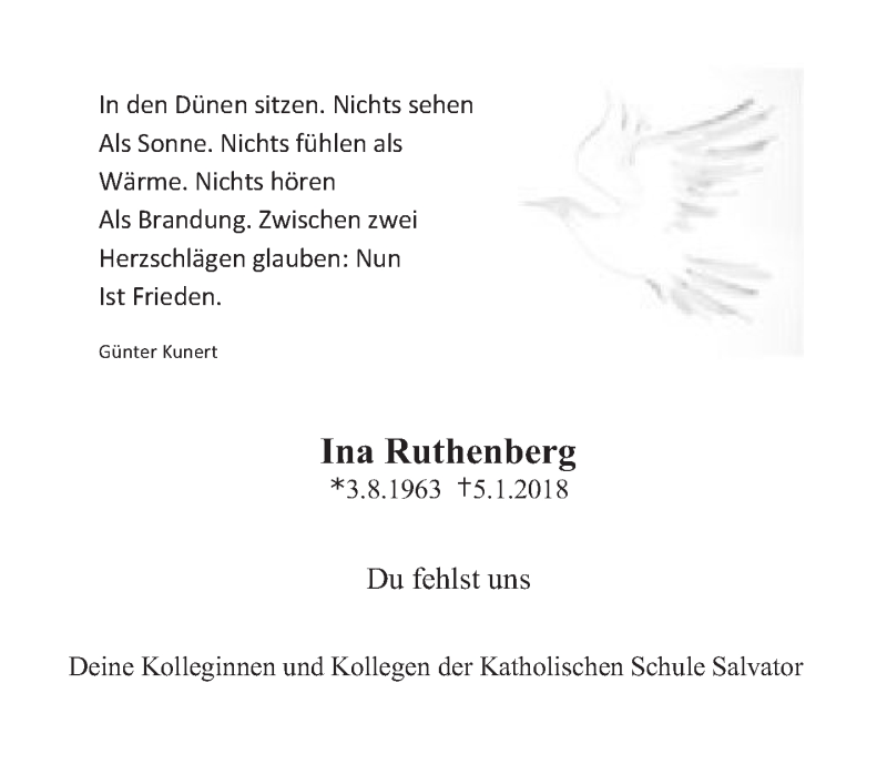  Traueranzeige für Ina Ruthenberg vom 14.01.2018 aus Tagesspiegel