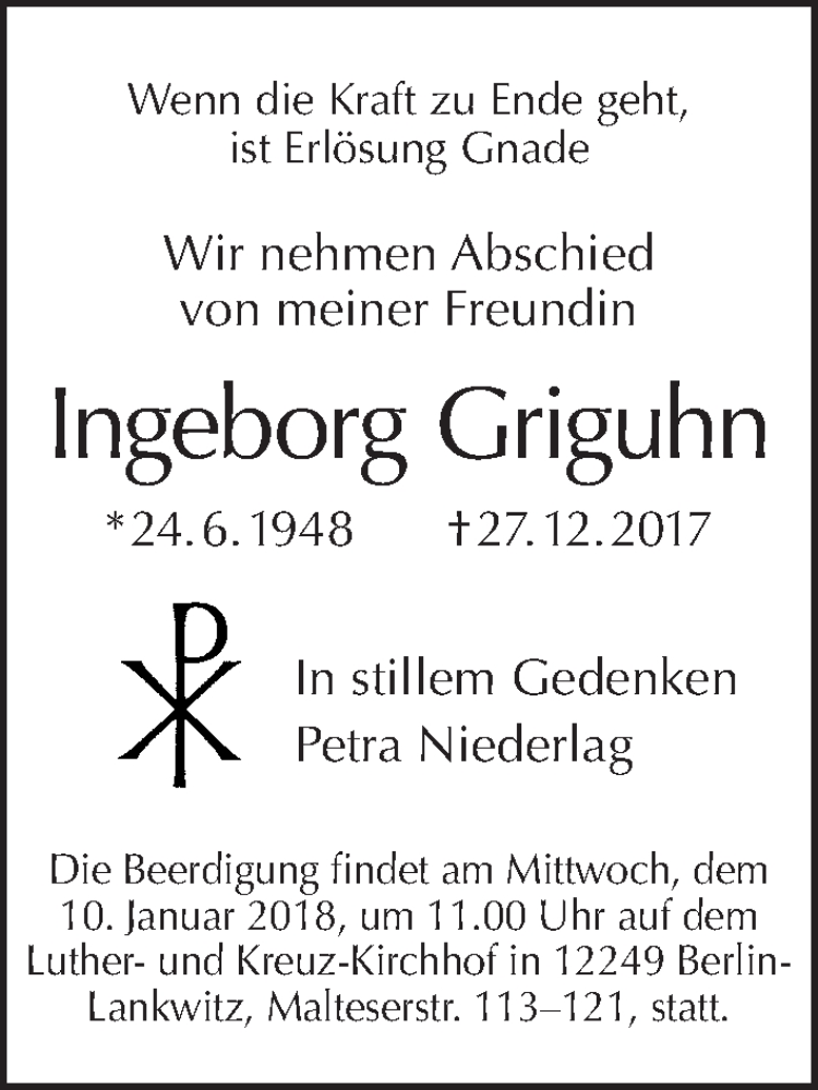  Traueranzeige für Ingeborg Griguhn vom 07.01.2018 aus Tagesspiegel