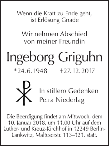 Traueranzeige von Ingeborg Griguhn von Tagesspiegel