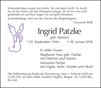 Traueranzeige von Ingrid Patzke von Tagesspiegel