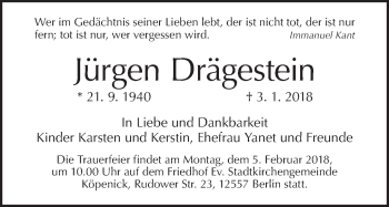 Traueranzeige von Jürgen Drägestein von Tagesspiegel