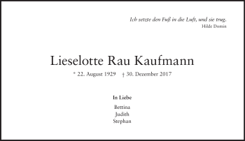 Traueranzeige von Lieselotte Rau Kaufmann von Tagesspiegel