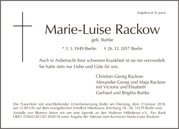 Traueranzeige von Marie-Luise Rackow von Tagesspiegel