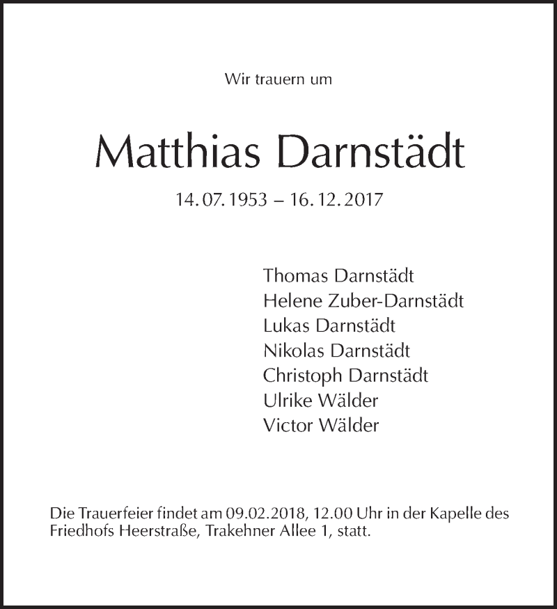  Traueranzeige für Matthias Darnstädt vom 28.01.2018 aus Tagesspiegel