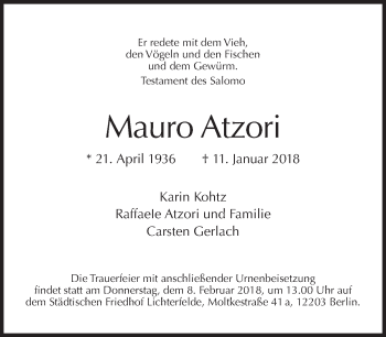 Traueranzeige von Mauro Atzori von Tagesspiegel
