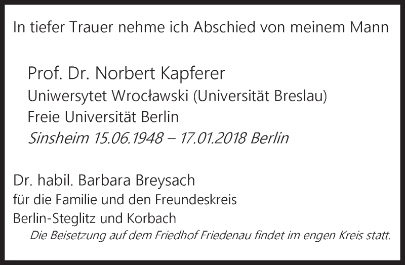  Traueranzeige für Norbert Kapferer vom 28.01.2018 aus Tagesspiegel