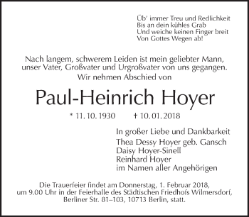 Traueranzeige von Paul-Heinrich Hoyer von Tagesspiegel