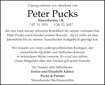 Traueranzeige von Peter Pucks von Tagesspiegel