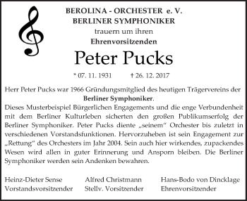 Traueranzeige von Peter Pucks von Tagesspiegel