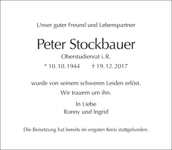 Traueranzeige von Peter Stockbauer von Tagesspiegel