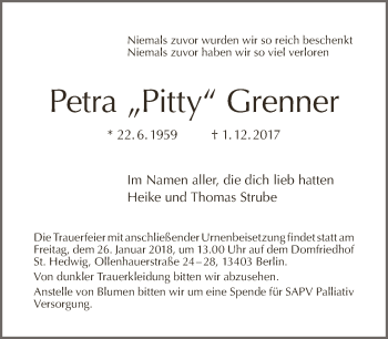 Traueranzeige von Petra Grenner von Tagesspiegel