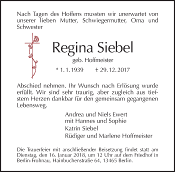 Traueranzeige von Regina Siebel von Tagesspiegel