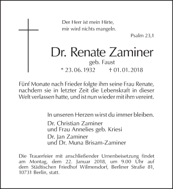 Traueranzeige von Renate Zaminer von Tagesspiegel