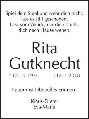 Traueranzeige von Rita Gutknecht von Tagesspiegel