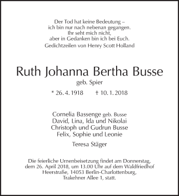 Traueranzeige von Ruth Johanna Bertha Busse von Tagesspiegel