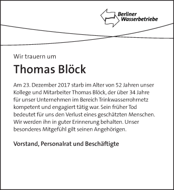 Traueranzeige von Thomas Blöck von Tagesspiegel