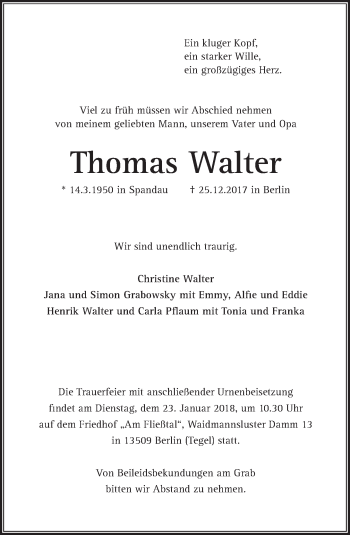 Traueranzeige von Thomas Walter von Tagesspiegel