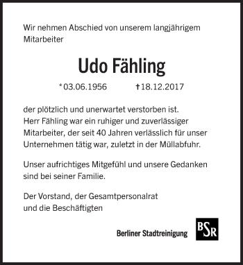 Traueranzeige von Udo Fähling von Tagesspiegel