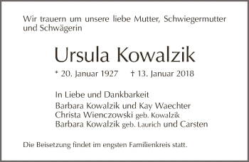 Traueranzeige von Ursula Kowalzik von Tagesspiegel