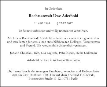Traueranzeige von Uwe Aderhold von Tagesspiegel
