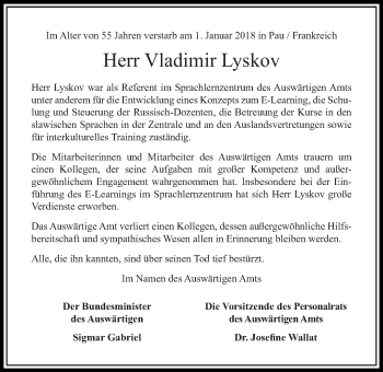 Traueranzeige von Vladimir Lyskov von Tagesspiegel