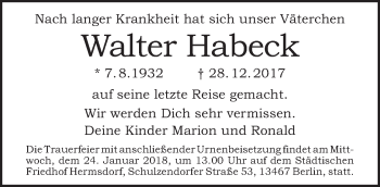 Traueranzeige von Walter Habeck von Tagesspiegel