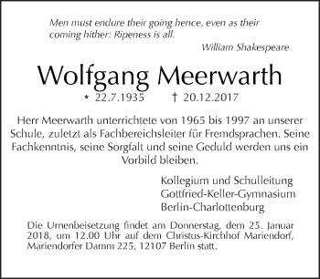 Traueranzeige von Wolfgang Meerwarth von Tagesspiegel