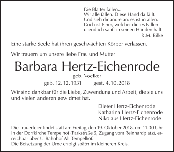 Traueranzeige von Barbara Hertz-Eichenrode von Tagesspiegel