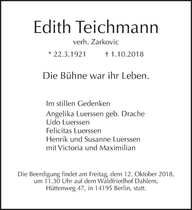  Traueranzeige für Edith Teichmann vom 07.10.2018 aus Tagesspiegel