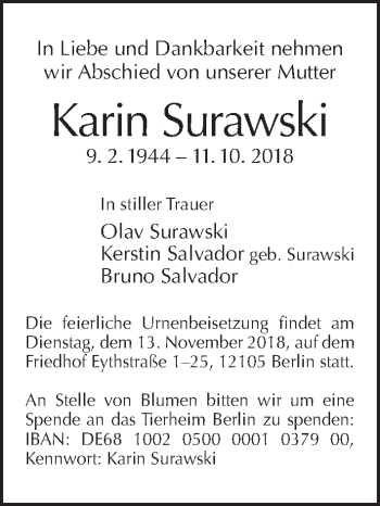 Traueranzeige von Karin Surawski von Tagesspiegel