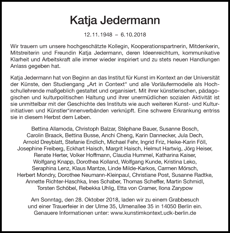  Traueranzeige für Katja Jedermann vom 21.10.2018 aus Tagesspiegel