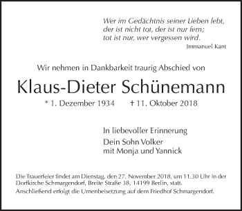 Traueranzeige von Klaus-Dieter Schünemann von Tagesspiegel