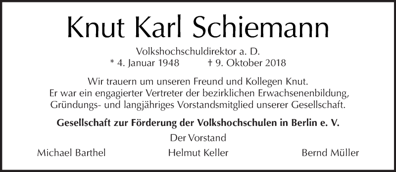  Traueranzeige für Knut Karl Schiemann vom 28.10.2018 aus Tagesspiegel