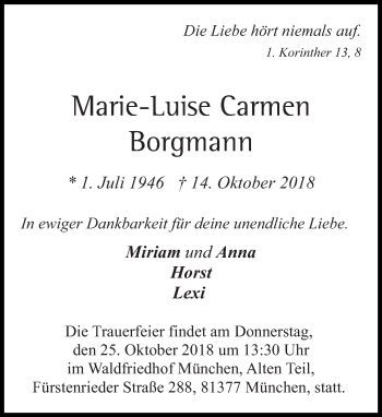 Traueranzeige von Marie-Luise Carmen Borgmann von Tagesspiegel