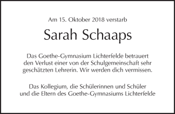 Traueranzeige von Sarah Schaaps von Tagesspiegel