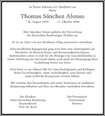 Traueranzeige von Thomas Sánchez Alonso von Tagesspiegel