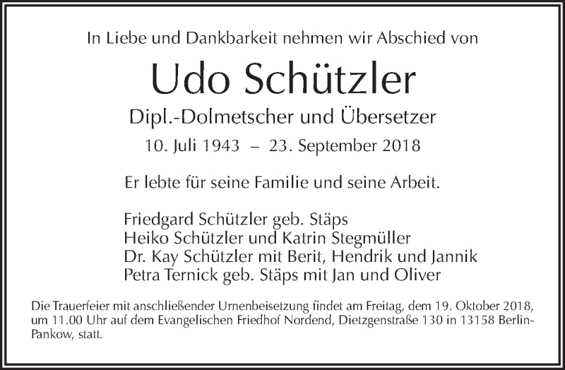  Traueranzeige für Udo Schützler vom 07.10.2018 aus Tagesspiegel