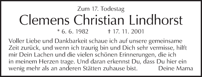  Traueranzeige für Clemens Christian Lindhorst vom 17.11.2018 aus Tagesspiegel